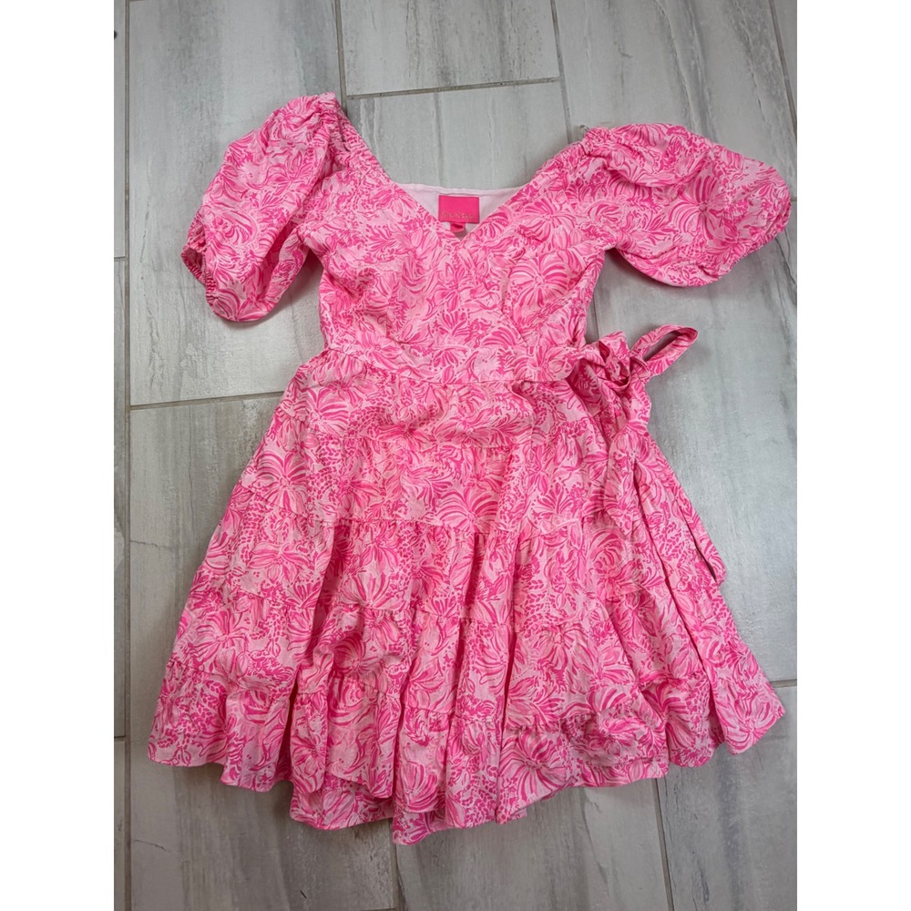 Lilly Pulitzer Pink Tropical Floral Linen Wrap Dress Puff Sleeve Tiered Size 8